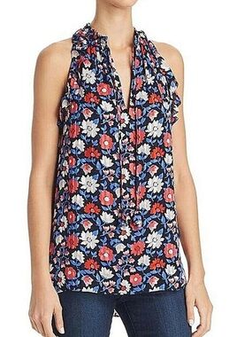 kate spade Navy Floral Ruffle Tie-Neck Sleeveless Silk Top XL